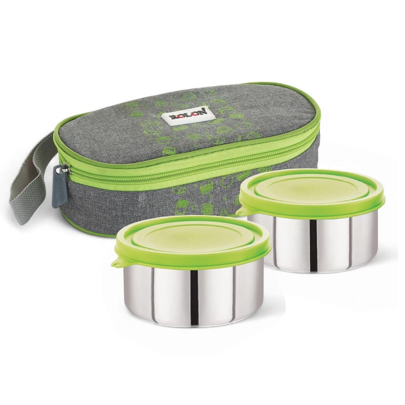 ROLON ROLON Lunch Mate 02 Green LeakProof Design Portable and Durable Tiffin Box for Adults and Office Use 2 Round Stainless Steel Round Containers 420ml Each with Insulated Soft Pouch  - Image 1