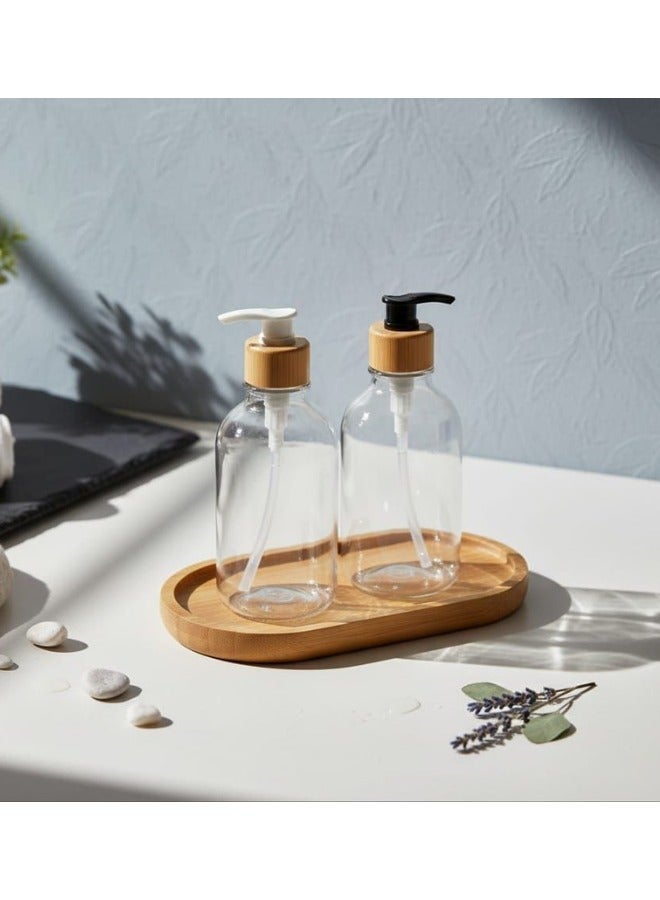 طقم مضخه صابون زجاجي شفاف مع مضخة وصينية خشبية – موزع صابون ومرطب أنيق للحمام والمطبخ - Image 1