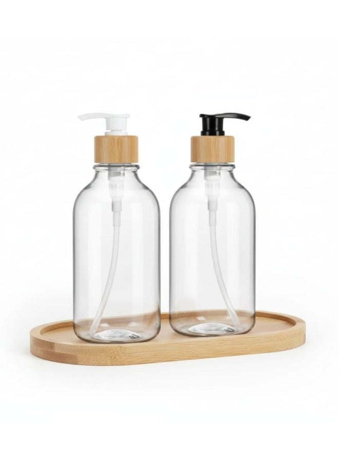 طقم مضخه صابون زجاجي شفاف مع مضخة وصينية خشبية – موزع صابون ومرطب أنيق للحمام والمطبخ - Image 2
