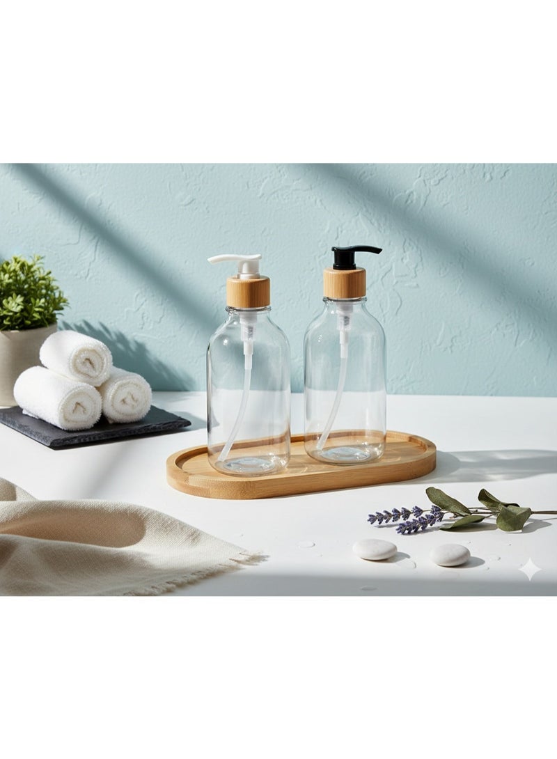 طقم مضخه صابون زجاجي شفاف مع مضخة وصينية خشبية – موزع صابون ومرطب أنيق للحمام والمطبخ - Image 3