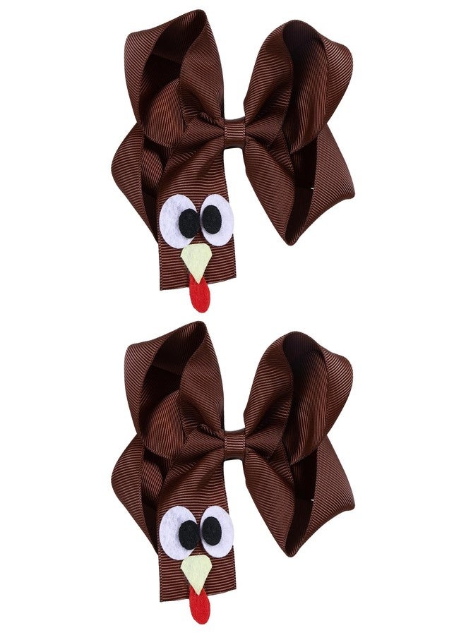 KCHIES Turkey Hair Bows Clips for Girls Women 2PCS 4.3" Cute Fall Happy Thanksgiving Brown Ribbon Cheer Bow Alligator Barrettes Kids Give Thanks Day Party Outfit Dress Decor Accessory Gift - Image 1