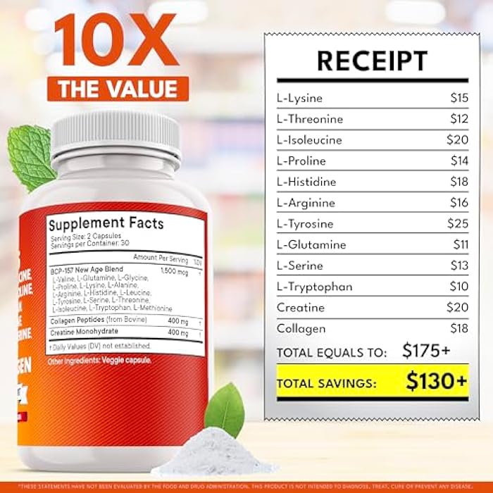 NEW AGE Amino Acids Supplement L-Lysine, L-Threonine, L-Leucine, Isoleucine, Valine, L-Histidine, L-Tryptophan, L-Methionine, L-Arginine, L-Cysteine, L-Glutamine, L-Serine, Aspartic Acid- 60 Count - Image 5
