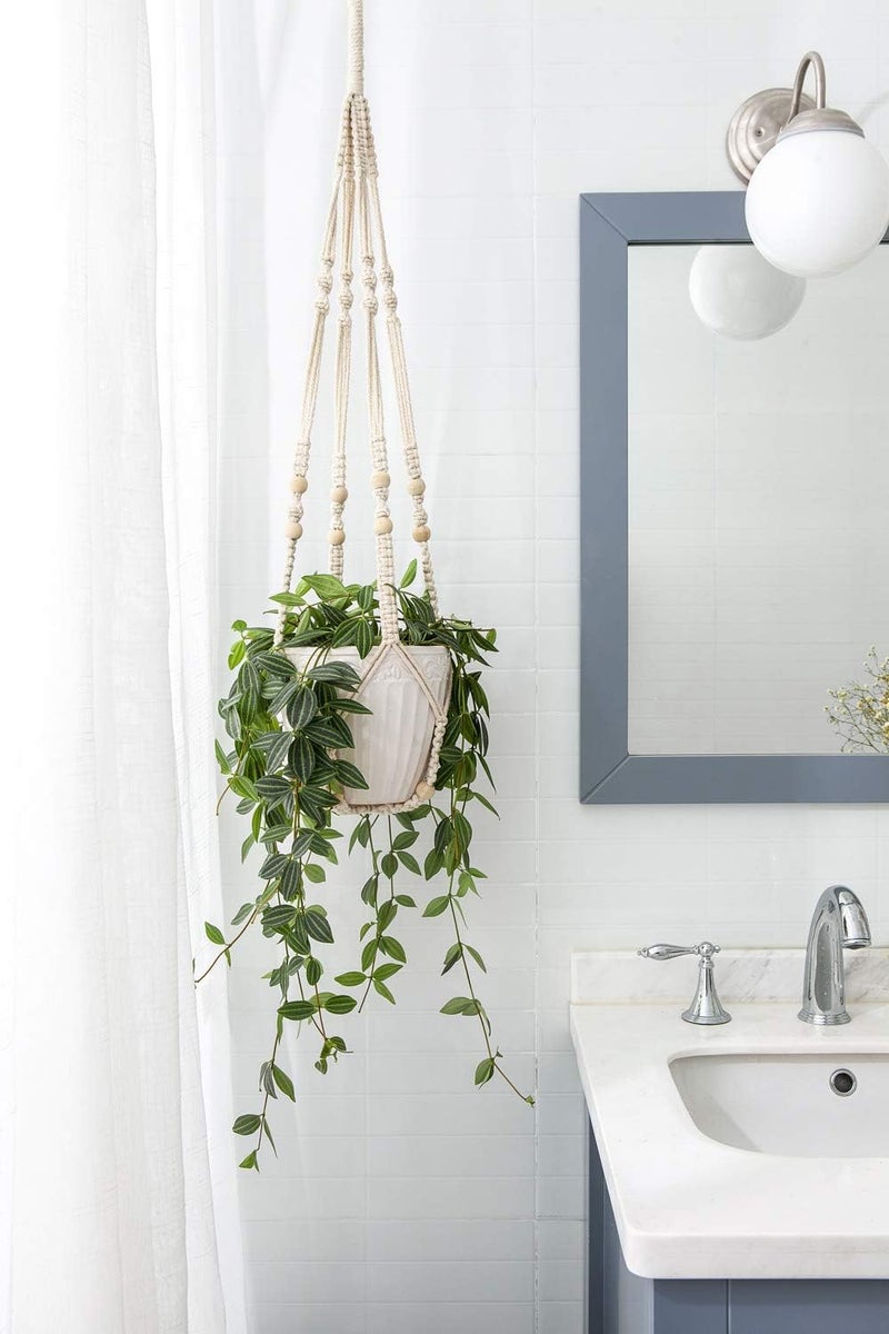 Mkono Macrame Plant Hanger Indoor Hanging Planter Basket with Wood Beads Decorative Flower Pot Holder No Tassels for Indoor Outdoor Boho Home Decor 35 Inch, Ivory, Set of 2 (POTS NOT Included) - Image 4