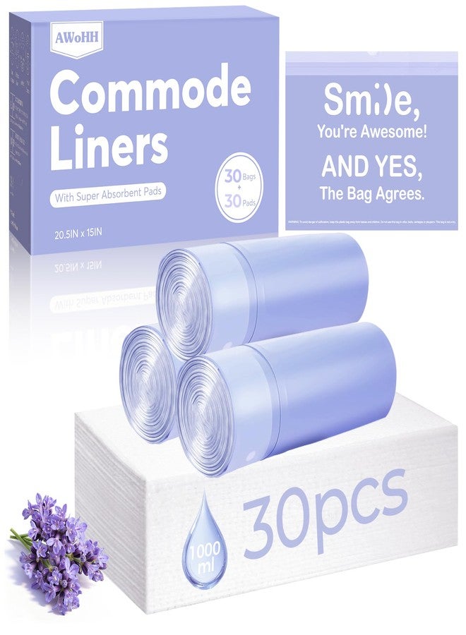 AWoHH 30 Pcs Bedside Commode Liners with Absorbent Pads, Tear-Free Leak-Proof Lavender Scented Commode Liners and Pads, Odor-Free Portable Toilet Liners & Potty Chair Bags for Disposable Adult, Bedpan - Image 1