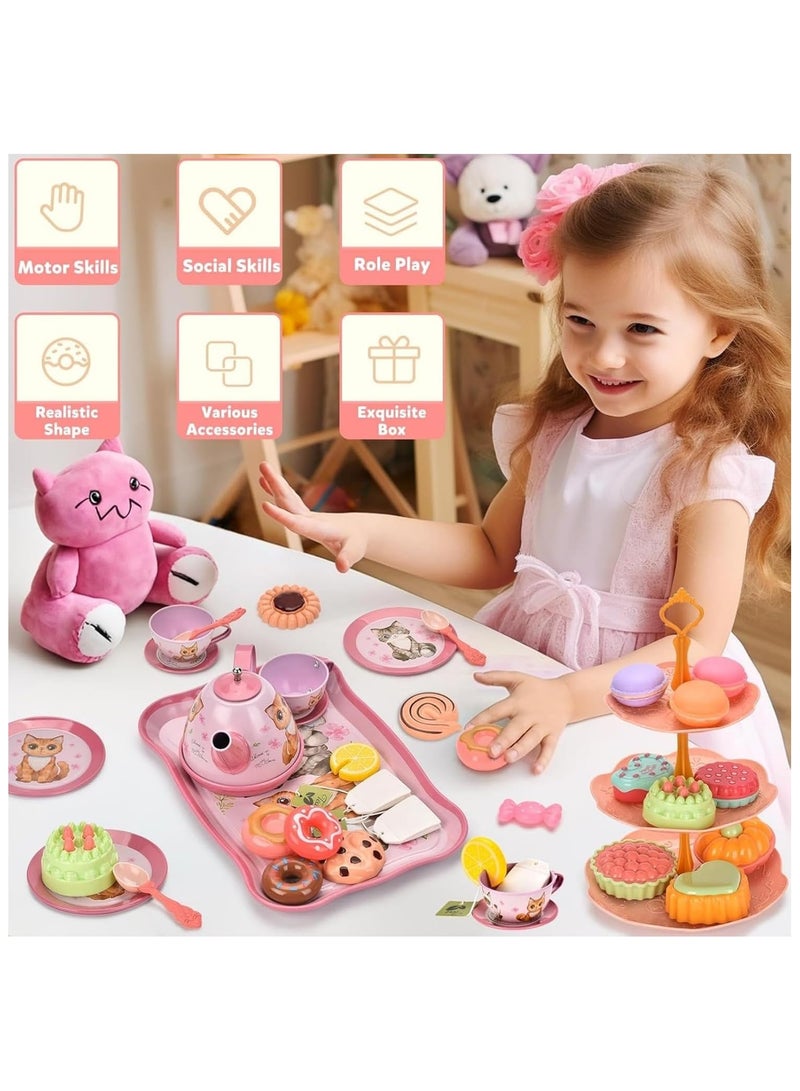 Soofam Kids Tea Set for Little Girls, 50Pcs Pink Cat Tin Tea Party Set for Toddlers Afternoon Tea Time Playset with Metal Teapots Tea Cups Play Dishes Princess Toys Gifts with Carry Case(Cat) - Image 2