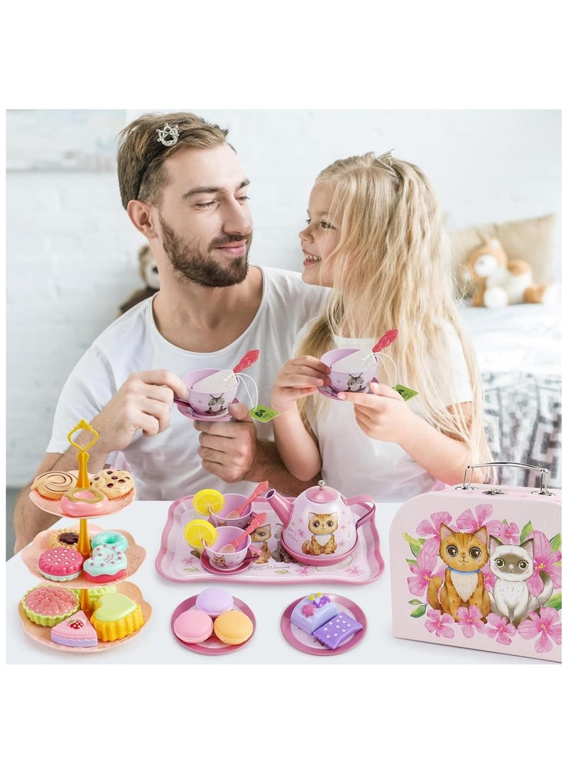 Soofam Kids Tea Set for Little Girls, 50Pcs Pink Cat Tin Tea Party Set for Toddlers Afternoon Tea Time Playset with Metal Teapots Tea Cups Play Dishes Princess Toys Gifts with Carry Case(Cat) - Image 5