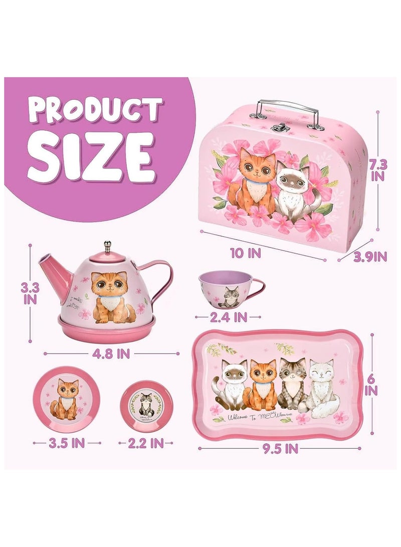 Soofam Kids Tea Set for Little Girls, 50Pcs Pink Cat Tin Tea Party Set for Toddlers Afternoon Tea Time Playset with Metal Teapots Tea Cups Play Dishes Princess Toys Gifts with Carry Case(Cat) - Image 3