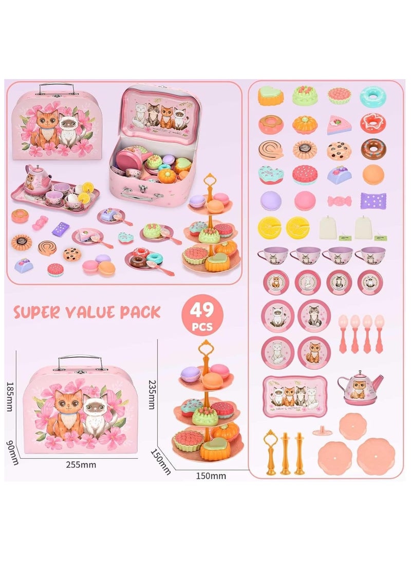 Soofam Kids Tea Set for Little Girls, 50Pcs Pink Cat Tin Tea Party Set for Toddlers Afternoon Tea Time Playset with Metal Teapots Tea Cups Play Dishes Princess Toys Gifts with Carry Case(Cat) - Image 4