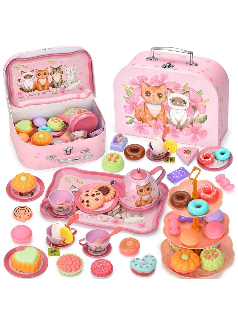 Soofam Kids Tea Set for Little Girls, 50Pcs Pink Cat Tin Tea Party Set for Toddlers Afternoon Tea Time Playset with Metal Teapots Tea Cups Play Dishes Princess Toys Gifts with Carry Case(Cat) - Image 1