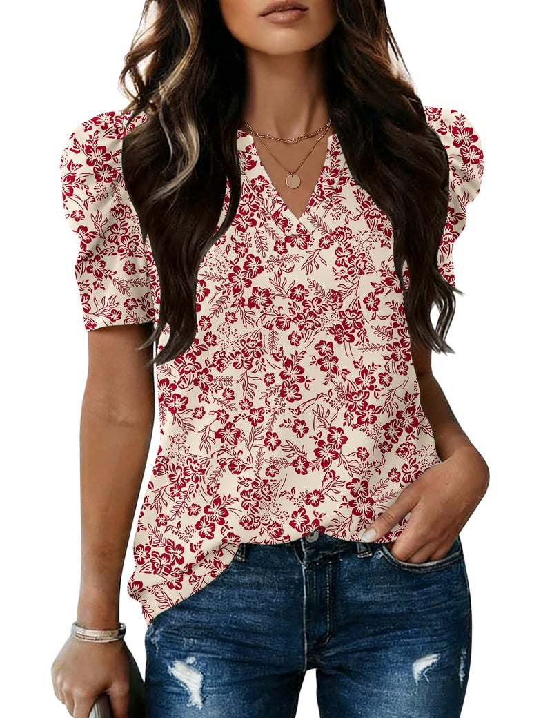 LOMON Spring Tops for Women 2026 Puff Short Sleeve Summer Outfits Fashion Tops for Women Trendy Work Shirts Womens Blouses Floral L - Image 1