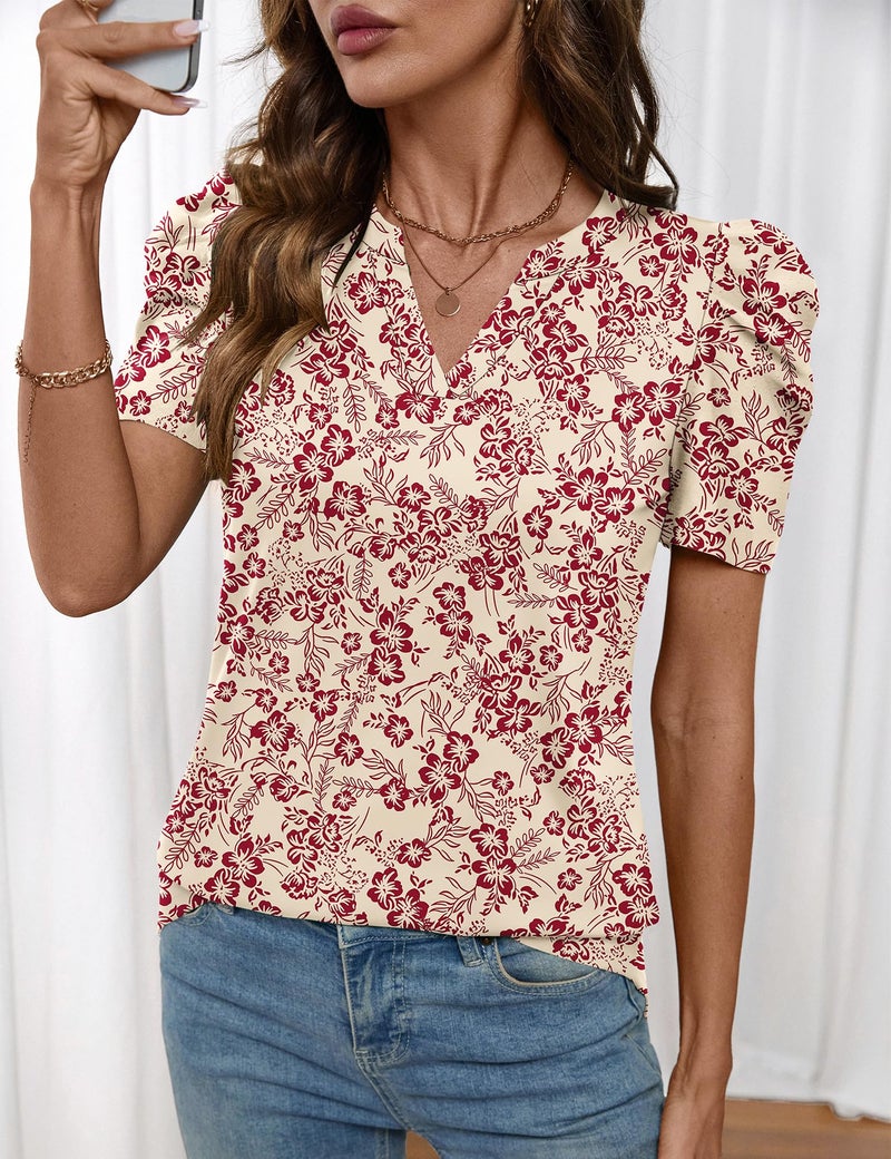 LOMON Spring Tops for Women 2026 Puff Short Sleeve Summer Outfits Fashion Tops for Women Trendy Work Shirts Womens Blouses Floral L - Image 3