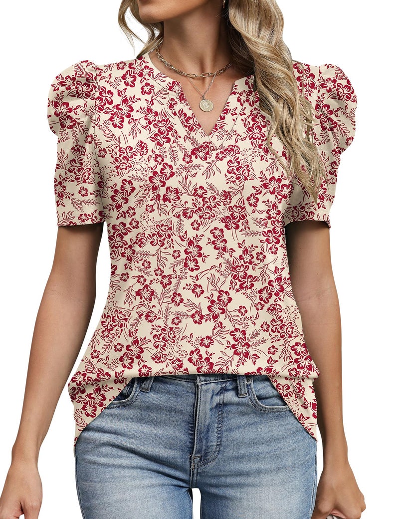 LOMON Spring Tops for Women 2026 Puff Short Sleeve Summer Outfits Fashion Tops for Women Trendy Work Shirts Womens Blouses Floral L - Image 2