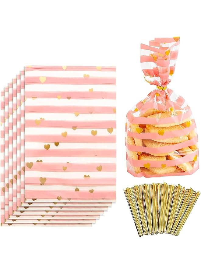 S-TOP Cellophane Bags, Food Gift Bags 100 Pack, Resealable Flat Cello Bags with Twist Ties Pink Party Bags for Popcorn Cookies Dessert Birthday Parties Gift Wrapping, Polka Dot Candy Snack Packaging Bag - Image 1