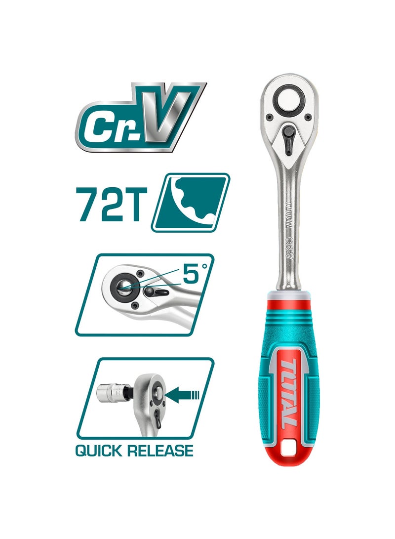 توتال مجموعة مفاتيح مقبس احترافية من توتال مكونة من44  قطعة مصنوعة من فولاذ كروم فاناديوم (Cr-V) عالي الجودة لمتانة وأداء متميز. تتضمن المجموعة مفاتيح راتشيت بآلية 72 سن ومقابس بقياس 1/4 بوصة و1/2 بوصة لتغطية مختلف احتياجات الصيانة والإصلاح. تأتي داخل حقيبة BMC متينة مع مقابض بلون تركوازي وأحمر لسهولة الحمل والتنظيم - Image 2