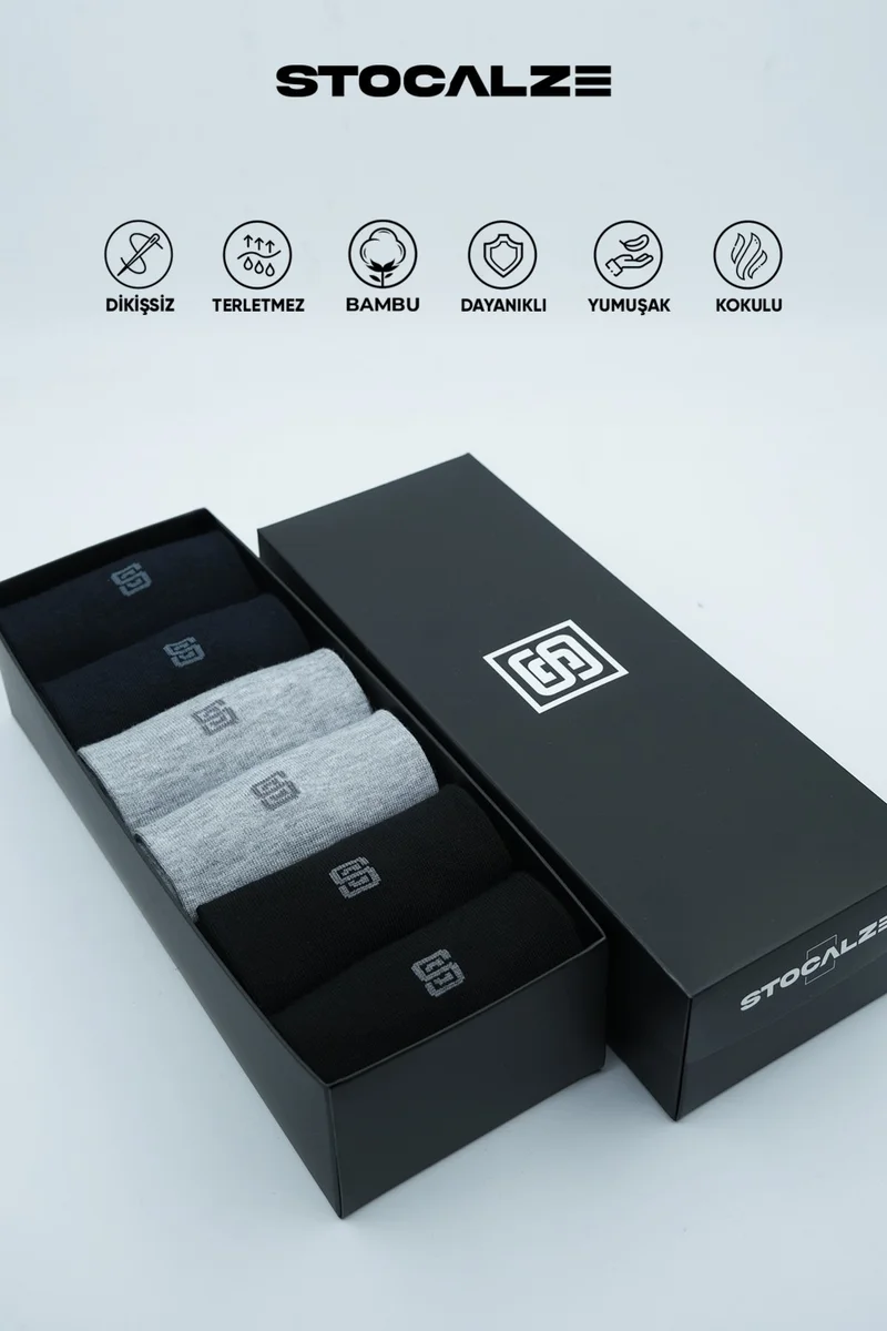 Stocalze Bamboo Men's Socks Patterned and Scented Premium Long Cuff Socks (2 Black, 2 Grey, 2 Navy Blue) Boxed Socks of 6