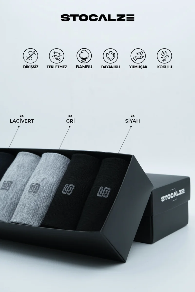 Stocalze Bamboo Men's Socks Patterned and Scented Premium Long Cuff Socks (2 Black, 2 Grey, 2 Navy Blue) Boxed Socks of 6