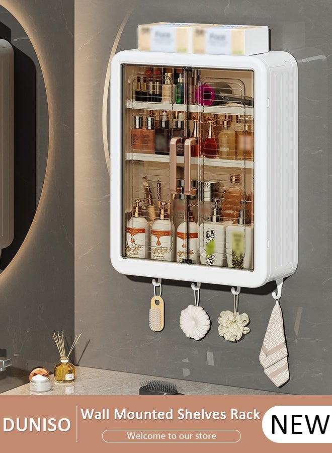 DUNISO 3 Tier Bathroom Kitchen Wall Mounted Shelves Rack with Hooks Bar Wall Storage Cabinet,White Kitchen Wall Organizer, No-Trace No Drilling Spice Rack Cosmetic Organiser for Bathroom Kitchen - Image 1