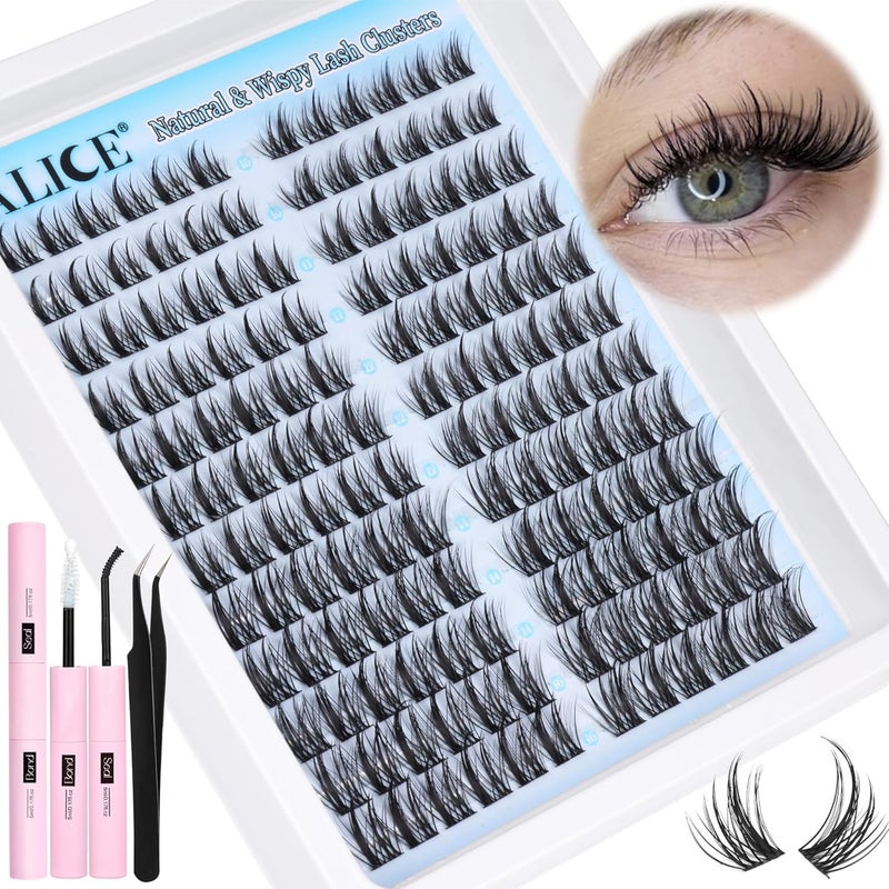 ALICE Natural Lash Clusters Kit Cluster Eyelash Extension Kit Left & Right Fluffy Wispy DIY Lash Extension Kit 144pcs 3D Anime C Curl Eyelash Clusters Kit with Lash Glue Bond and Seal and Tweezers
