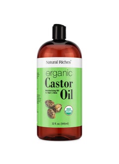 Natural Riches Organic Castor Oil - Cold Pressed, USDA Certified for Dry Skin, Hair Loss, Dandruff, Hair Growth, and Thicker Eyelashes & Eyebrows - 32 fl. oz.