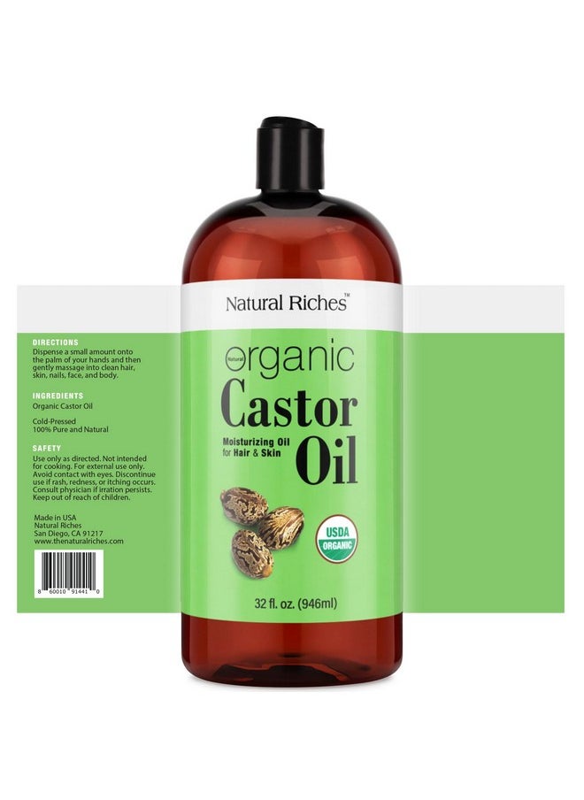 Natural Riches - Natural Riches Organic Castor Oil - Cold Pressed, USDA Certified for Dry Skin, Hair Loss, Dandruff, Hair Growth, and Thicker Eyelashes & Eyebrows - 32 fl. oz. - Image 1