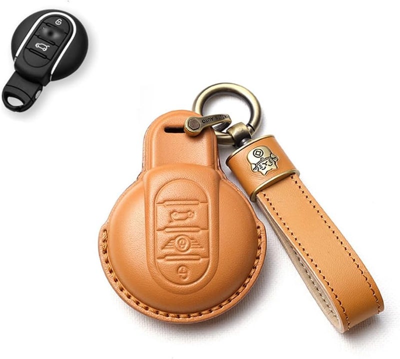 SANRILY Car Key Cover fit for Mini Cooper 2016-2021 Clubman Countryman Hardtop Convertible Keyless Remote Key Holder Leather Key Protective Case with Lucky Cat Keychain Yellow - Image 1