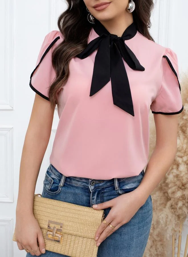 Take Two Take Two Pink Blouse with Bow Tie-Up Neck