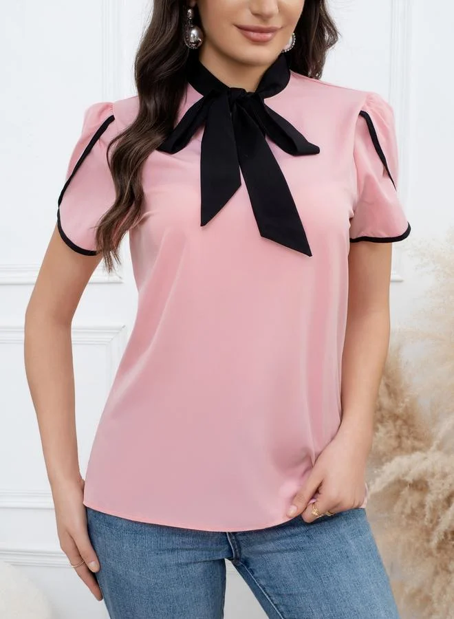Take Two Take Two Pink Blouse with Bow Tie-Up Neck