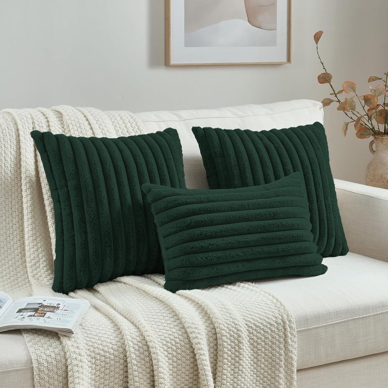 FUTEI Fluffy Faux Fur Cushion Covers 12x20 Inch Elegant Striped Textured Decorative Lumbar Pillow Covers Modern Accent Pillow Case for Couch Bed Living Room Dark Green Pack of 2 - Image 4