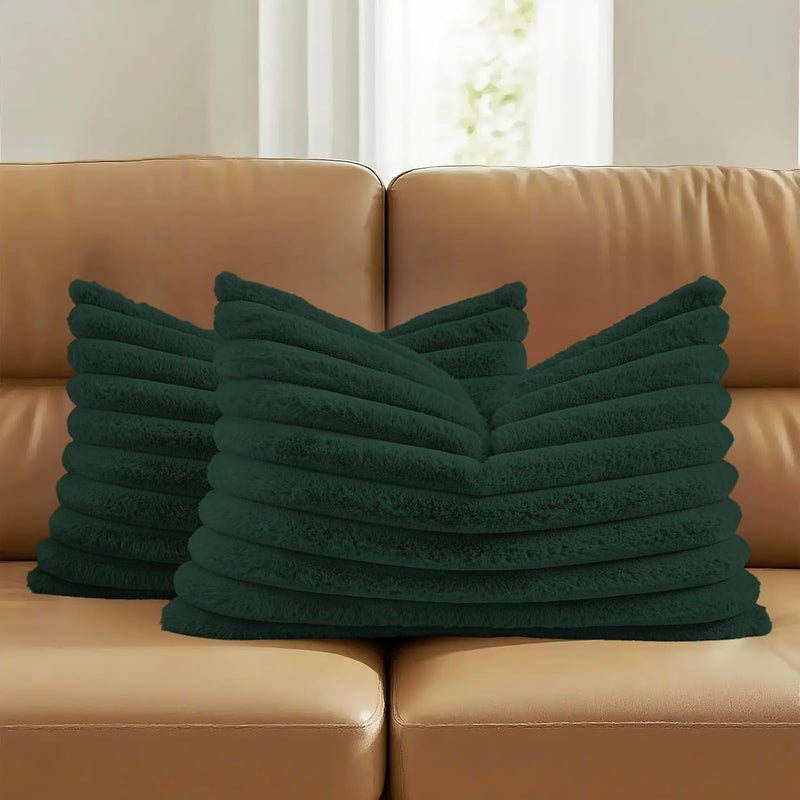 FUTEI Fluffy Faux Fur Cushion Covers 12x20 Inch Elegant Striped Textured Decorative Lumbar Pillow Covers Modern Accent Pillow Case for Couch Bed Living Room Dark Green Pack of 2 - Image 1