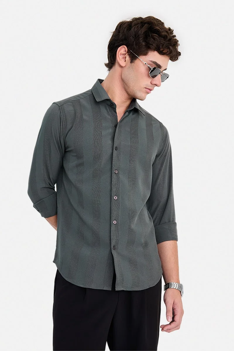سنيتش Olive Textured Long Sleeve Slim Fit Shirt