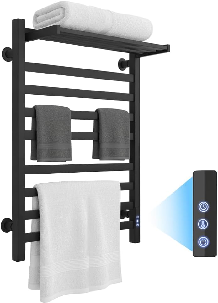 KAYOJU Store 8-Bar Towel Warmer with with Top Warmer Shelf, Electric Towel Rack Set with Fast Heating, Auto Shut-Off Timer, Matte Black Finish, Hardwired or Plug-in, Hot Towels in Bathroom - Image 1