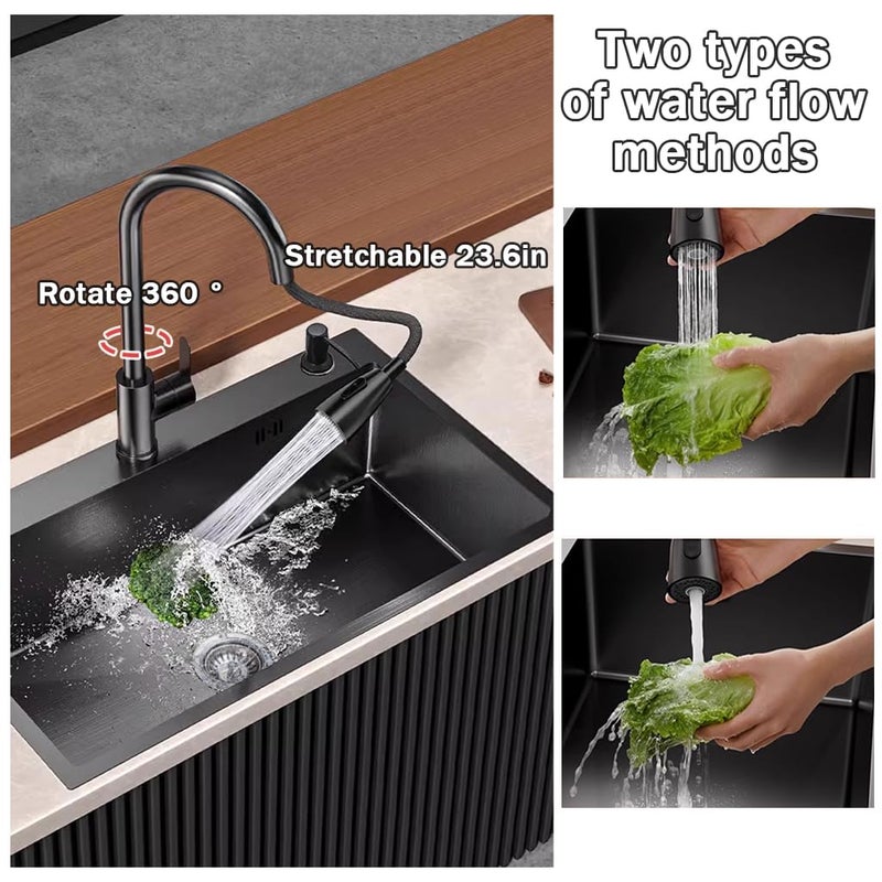 QINFFRRMI 19.7 * 17.7in Drop In Kitchen Sink,Black Stainless Steel Single Bowl Sink,Topmount Workstation Sink With Pull Out Faucet,Soap Dispenser And Drain Basket - Image 4