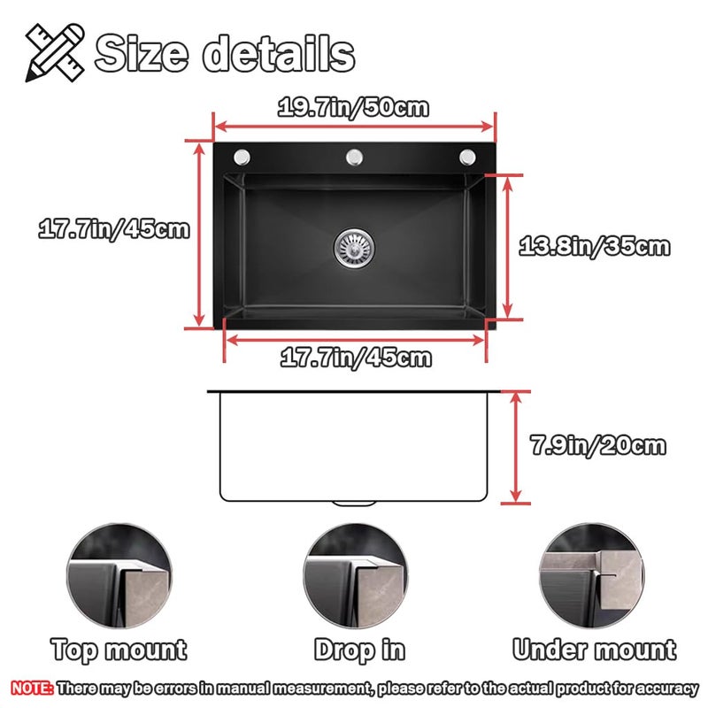QINFFRRMI 19.7 * 17.7in Drop In Kitchen Sink,Black Stainless Steel Single Bowl Sink,Topmount Workstation Sink With Pull Out Faucet,Soap Dispenser And Drain Basket - Image 2