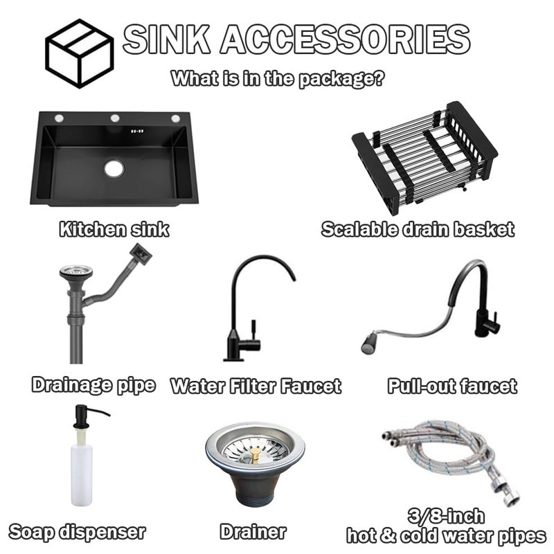 QINFFRRMI 19.7 * 17.7in Drop In Kitchen Sink,Black Stainless Steel Single Bowl Sink,Topmount Workstation Sink With Pull Out Faucet,Soap Dispenser And Drain Basket - Image 3