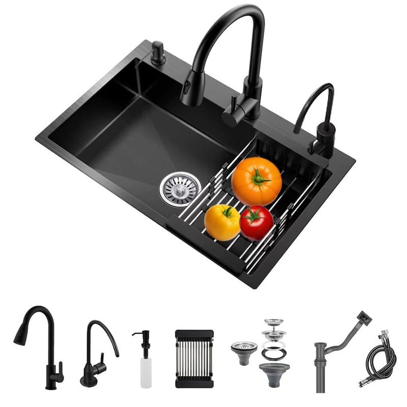 QINFFRRMI 19.7 * 17.7in Drop In Kitchen Sink,Black Stainless Steel Single Bowl Sink,Topmount Workstation Sink With Pull Out Faucet,Soap Dispenser And Drain Basket - Image 1