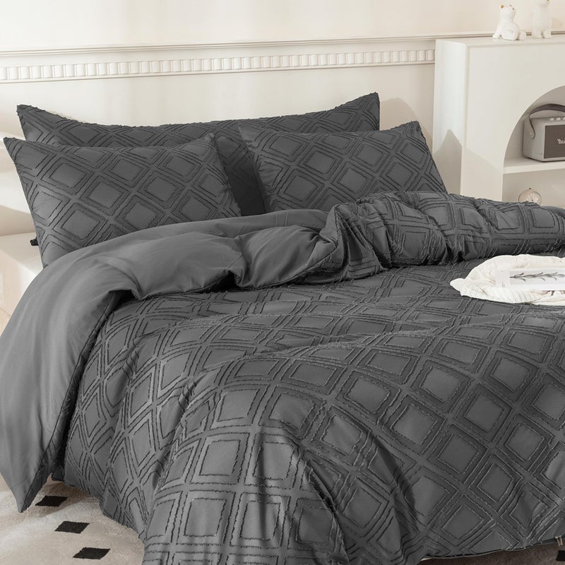 JELLYMONI Dark Grey Duvet Cover Full Size - 3 PCS Microfiber Tufted Duvet Cover Set  Boho Textured Duvet Cover Jacquard Rhombus Geometric Pattern Duvet Cover with Corner Ties & Zipper Closure - Image 2