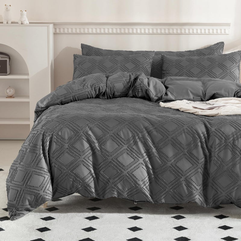 JELLYMONI Dark Grey Duvet Cover Full Size - 3 PCS Microfiber Tufted Duvet Cover Set  Boho Textured Duvet Cover Jacquard Rhombus Geometric Pattern Duvet Cover with Corner Ties & Zipper Closure - Image 1
