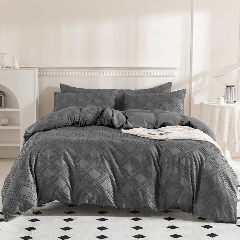 JELLYMONI Dark Grey Duvet Cover Full Size - 3 PCS Microfiber Tufted Duvet Cover Set  Boho Textured Duvet Cover Jacquard Rhombus Geometric Pattern Duvet Cover with Corner Ties & Zipper Closure - Image 4