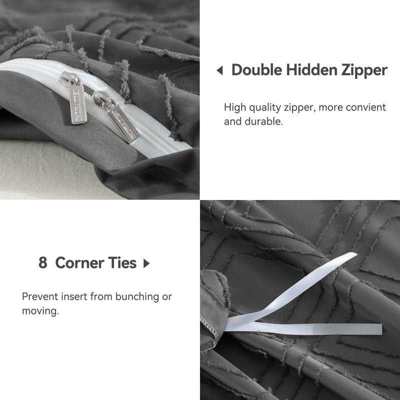 JELLYMONI Dark Grey Duvet Cover Full Size - 3 PCS Microfiber Tufted Duvet Cover Set  Boho Textured Duvet Cover Jacquard Rhombus Geometric Pattern Duvet Cover with Corner Ties & Zipper Closure - Image 5