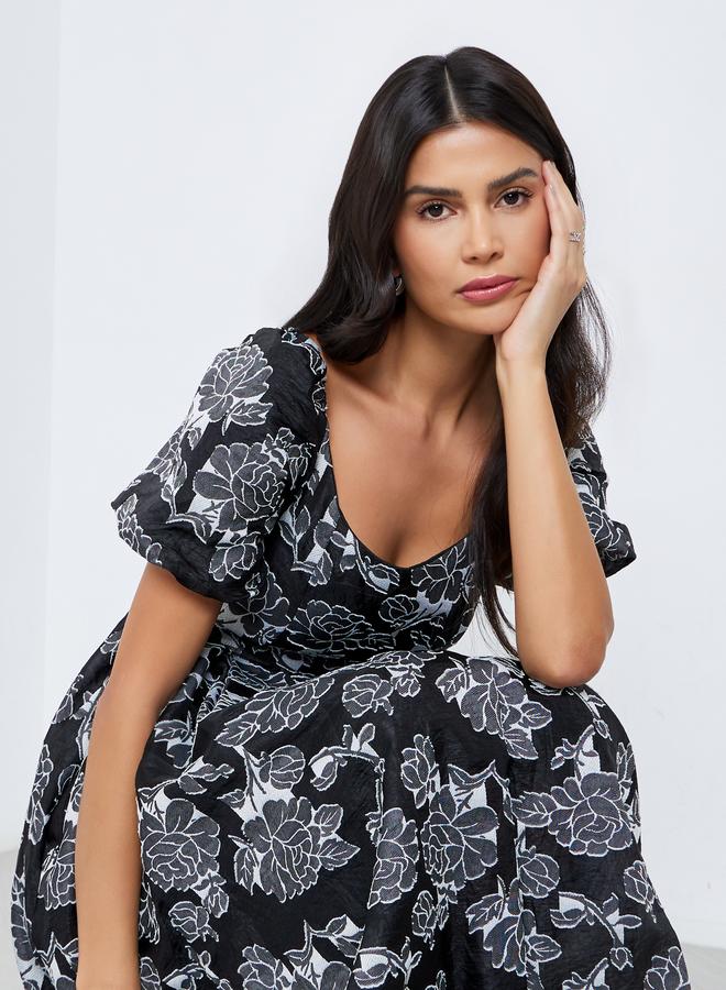 Styli Black Floral Print Puff Sleeve Midi Dress