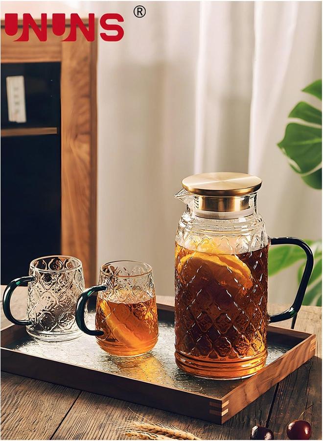 UNUNS Teapot Pot Set Clear,3-Piece Vintage Carvings Glass Teapot,1 And 2 Cups,1.5L Water Carafe Jug With Lids For Iced Tea Lemonade Coffee Milk Juice - Image 2