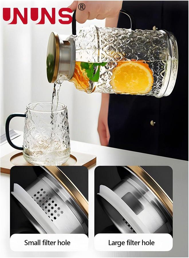 UNUNS Teapot Pot Set Clear,3-Piece Vintage Carvings Glass Teapot,1 And 2 Cups,1.5L Water Carafe Jug With Lids For Iced Tea Lemonade Coffee Milk Juice - Image 4