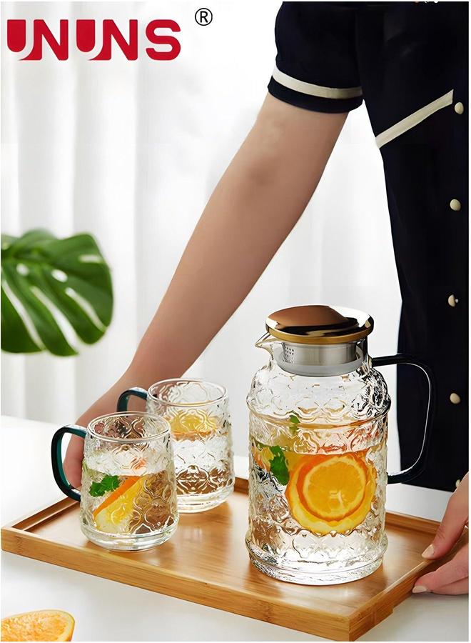 UNUNS Teapot Pot Set Clear,3-Piece Vintage Carvings Glass Teapot,1 And 2 Cups,1.5L Water Carafe Jug With Lids For Iced Tea Lemonade Coffee Milk Juice - Image 1