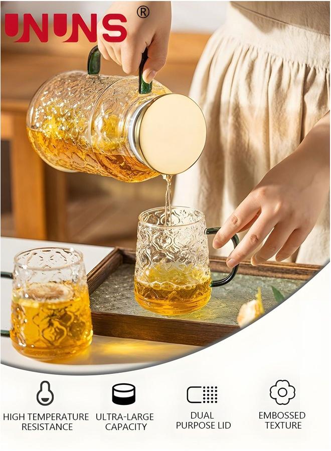 UNUNS Teapot Pot Set Clear,3-Piece Vintage Carvings Glass Teapot,1 And 2 Cups,1.5L Water Carafe Jug With Lids For Iced Tea Lemonade Coffee Milk Juice - Image 3