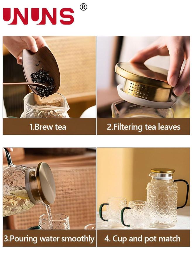 UNUNS Teapot Pot Set Clear,3-Piece Vintage Carvings Glass Teapot,1 And 2 Cups,1.5L Water Carafe Jug With Lids For Iced Tea Lemonade Coffee Milk Juice - Image 5