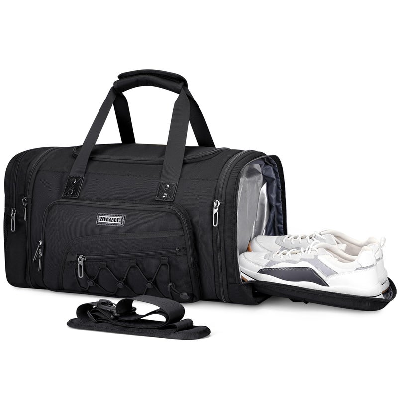WITZMAN Duffle Bag for Men Nylon Large Gym Weekender Bag with Shoe Compartment Expandable Carry on Overnight BagB695 Black - Image 2