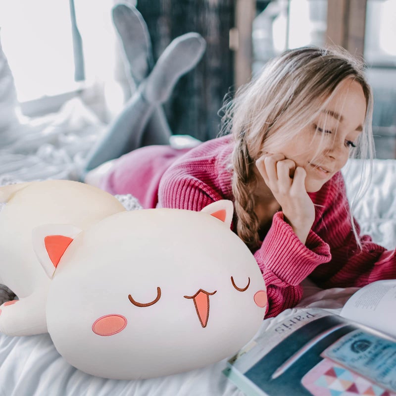 FUYU Cat Stuffed Animals, Soft Cat Plush Pillow Kawaii Kitten Stuffed Animal Toy Gifts for Kids Boys Girls Room Decor (White Squinted Eyes,15in/37cm) - Image 2