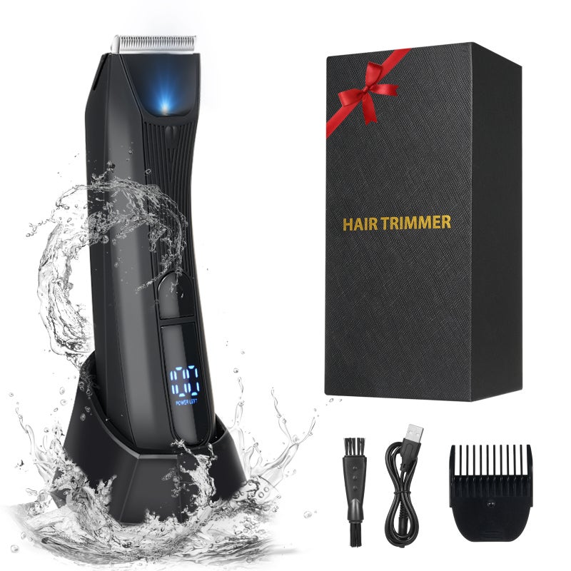 Men's Body Hair Trimmer: Black IPX7 Waterproof Ceramic Blade Trimmer - LED Light LCD Display Rechargeable Hair Shaver for Male Body Grooming, Wet Dry Use - Image 1