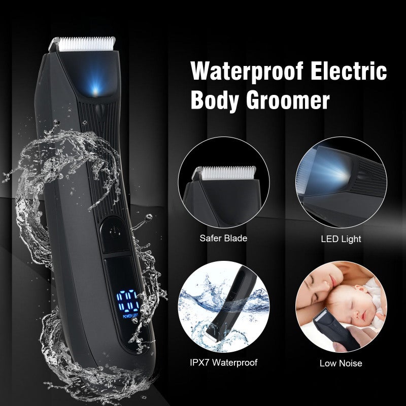 Men's Body Hair Trimmer: Black IPX7 Waterproof Ceramic Blade Trimmer - LED Light LCD Display Rechargeable Hair Shaver for Male Body Grooming, Wet Dry Use - Image 2