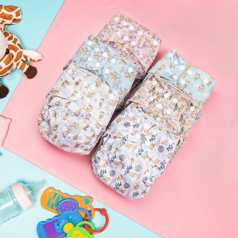 Simple Being Reusable Cloth Diapers, Double Gusset, One Size Adjustable, Washable Soft Absorbent, Waterproof Cover, Eco-Friendly Unisex Baby Girl Boy, six 4-Layers Microfiber Inserts (Monkey) - Image 2